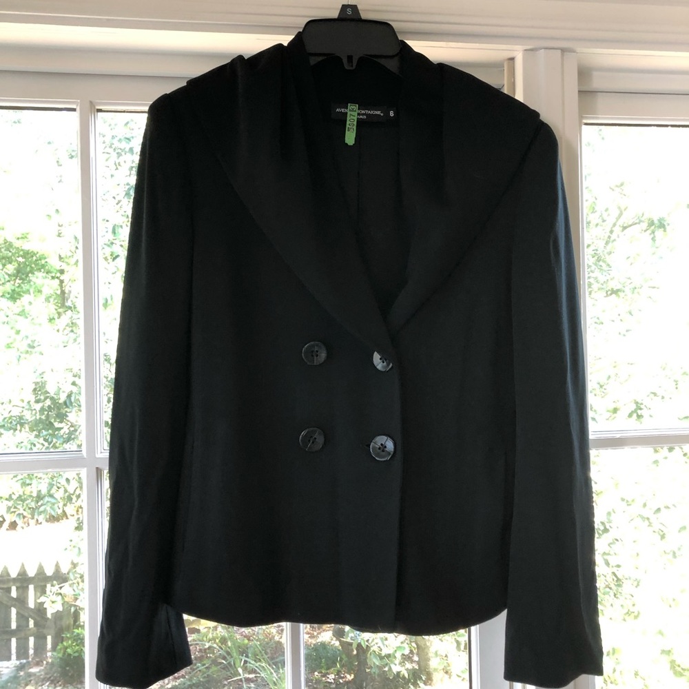 Avenue Montaigne Paris sz 6 double breasted black hooded jacket
